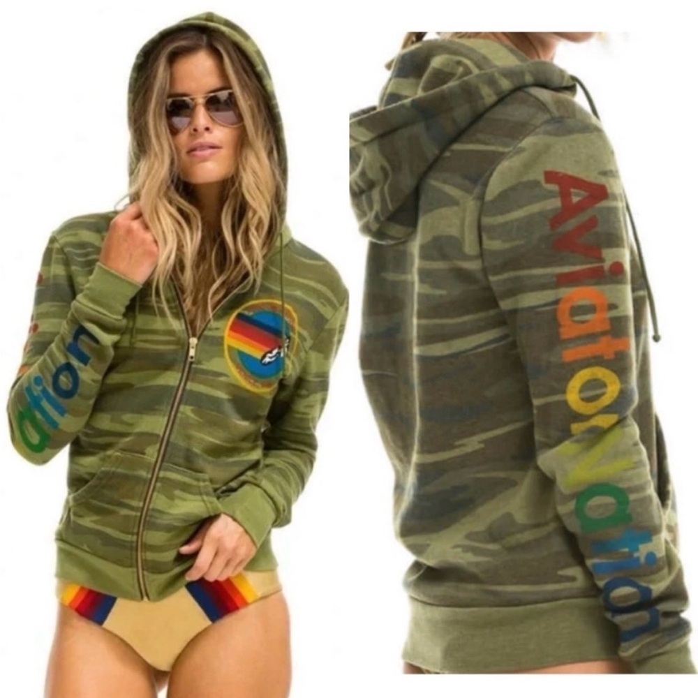 Aviator Nation Green Camo Zip Up Hoodie Logo XXL